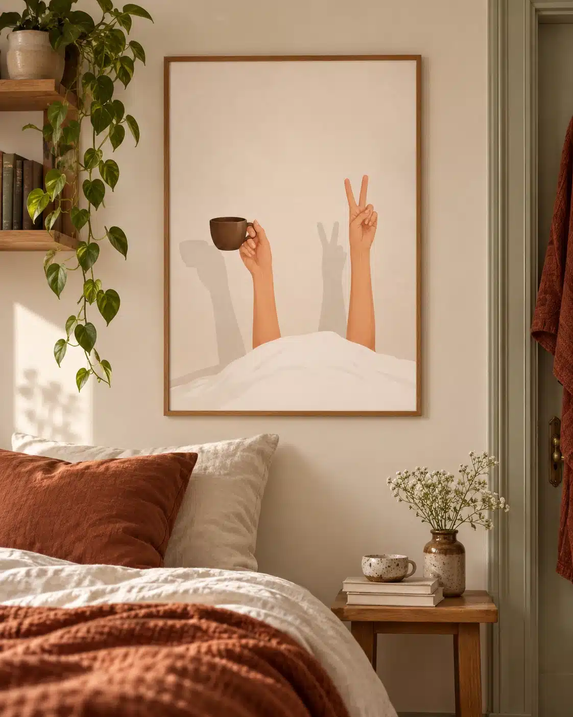 Indrammet minimalistisk plakat med kaffekop, peace-tegn og roligt morgenmotiv
