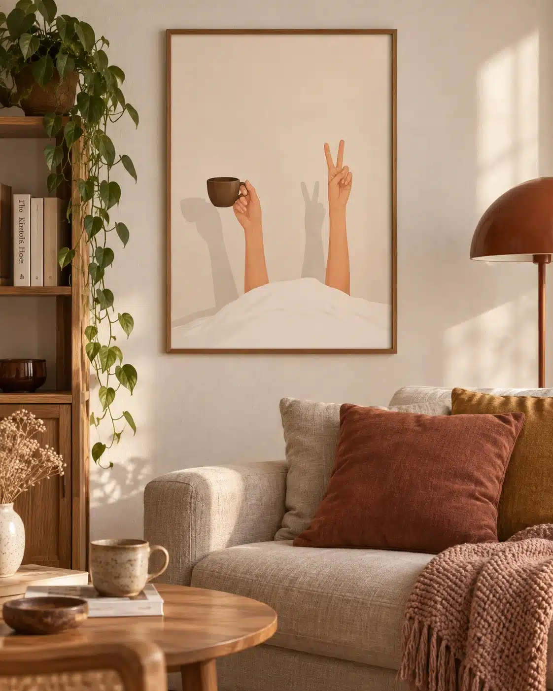 Minimalistisk kaffeplakat med peace-tegn og dyne vist som kunstplakat i hjemmet